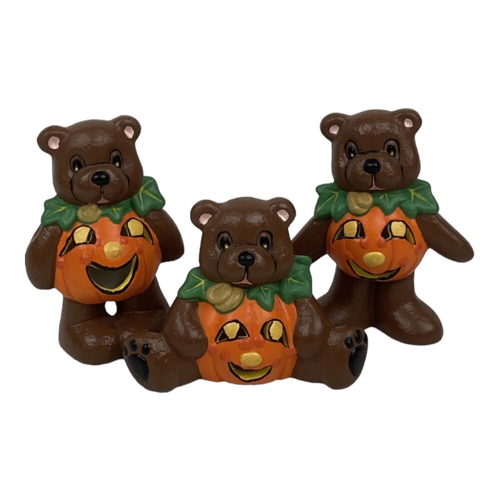 VTG Halloween Set 3 Ceramic JOL Teddy Bears Hand Painted 4" Pumpkin 90s Decor